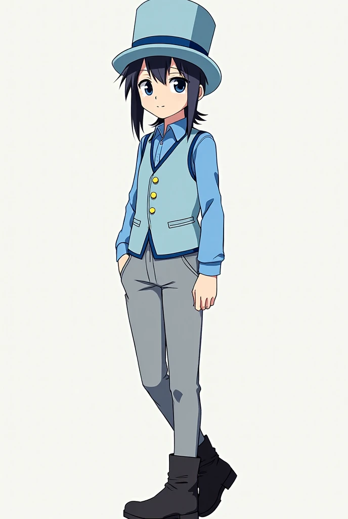 A young man, slim pale body, tall, long side bangs, mullet, dark blue eyes, cute face with a button nose, wearing a blue collared shirt with light blue waistcoat, gray trousers and black boots with light blue top hat. Anime
