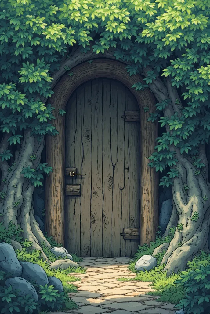 I need you to create an image of a damaged oak door/ancient that contains an aura of mystery, this door is located on a mountain with some trees behind it, making a short path to it, this drawing must be based on Japan, so the trees must look like that, fr...