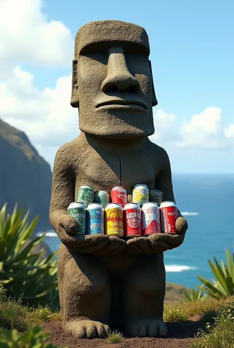 Moai with 12 canned beers in his hand