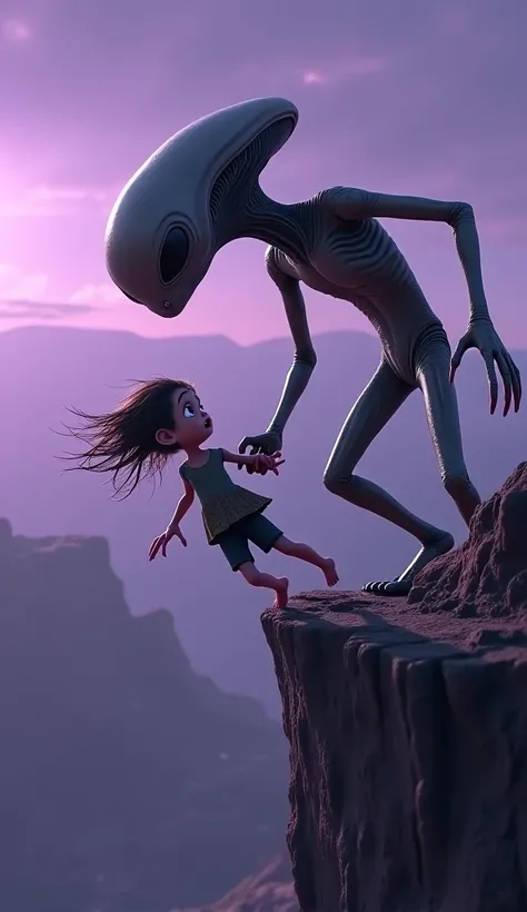 Medium shot shows the alien pulling the girl away from the edge.