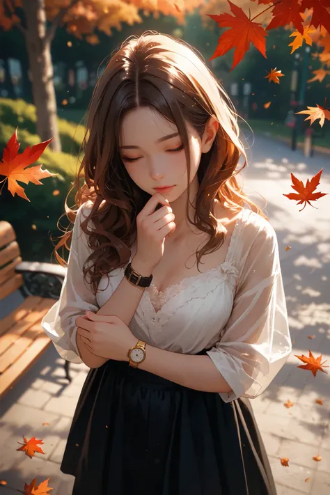 Close-up shot, high-angle view of a woman standing in a quiet park, her delicate wrist adorned with an elegant watch, the time clearly visible on its face, soft sunlight reflecting on the glass, her slender fingers gently adjusting the strap, long flowing ...