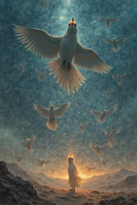 "A dramatic scene in the Arabian desert, where thousands of mysterious birds (Ababeel) are flying in the sky, each carrying small burning stones in their beaks and claws