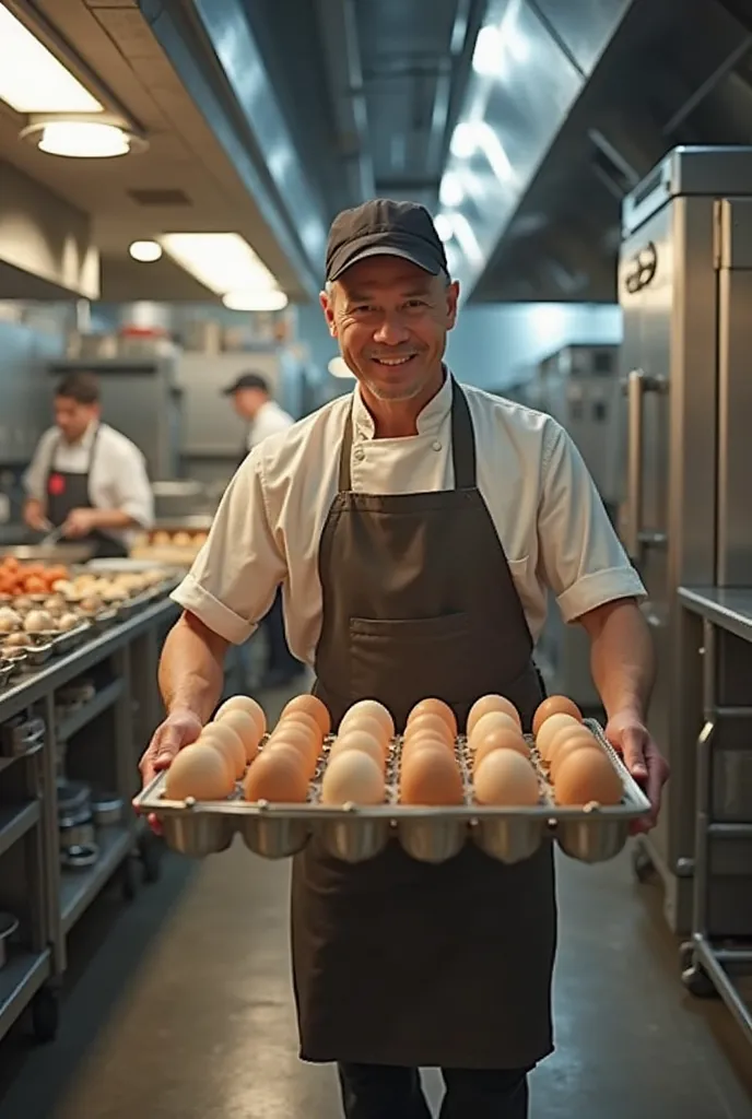 A worker working in a kitchen and carrying eggs with heavy equipment 