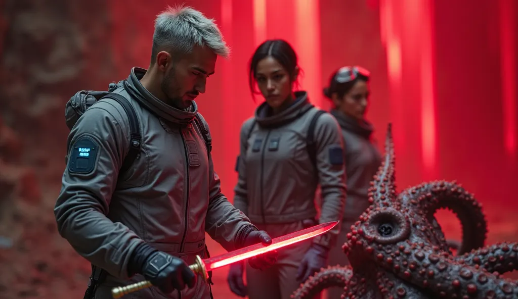 Close-up shot of a calm man (6’1”, short silver hair, deep-set eyes, gray spacesuit) holding a small glowing red dagger (1 ft long), cutting an octopus-like monster (6 ft long, slimy body with wriggling leg stubs, glowing blue bioluminescence), its blue li...