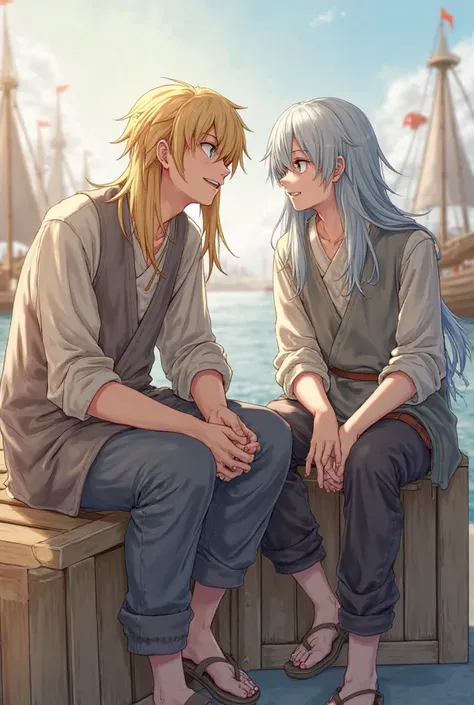 Photo Two other boys sitting on a wooden crate, another sitting next to each other, The one sitting on a wooden crate had gray eyes, light blond hair long to the neck, wore ordinary folk clothes., The person sitting nearby had blue eyes, long silver hair, ...