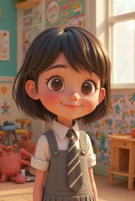 Create 3D Pixar character, a  elementary school ,   dark brown hair, brown eyes. Uniform dress with white shirt and gray tie with white stripes.