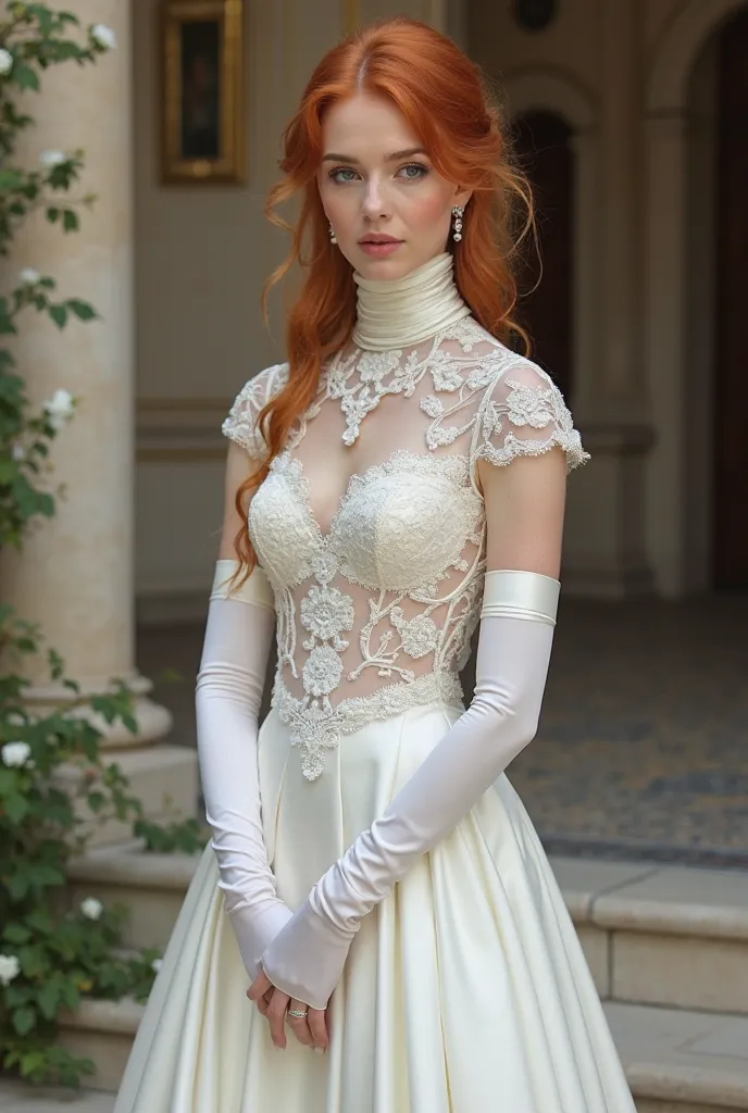 Beautiful red-haired woman with an extremely long neck. She wears a wedding dress ,  completely white, with a tight high collar, corrugated , that wraps around and covers her entire long neck. The fabric of the dress is made of delicate lace and satin, wit...