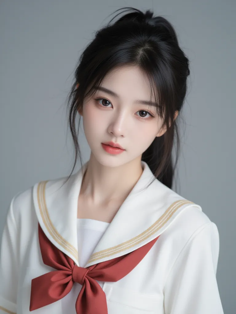 kpop girl, korean and Chinese, soft black hair, gorgeous, 18 years old, stunning, perfect visual, unique and porcelain like visual, visual like a doll, hair in a ponytail, realistic, plump lips, fits Korean beauty standards 100 percent, adorable, realistic...