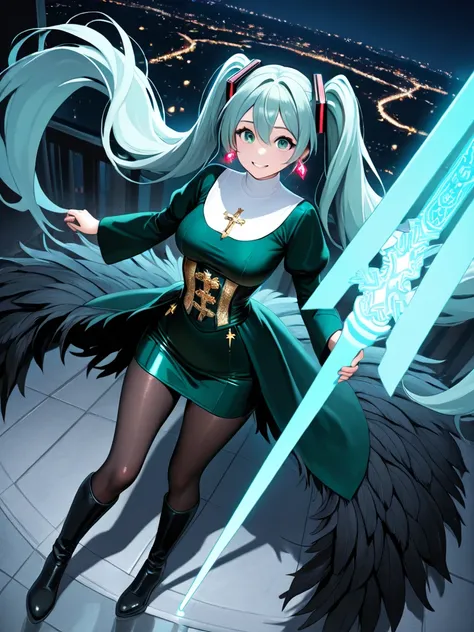 Big Monster,   Hatsune Miku,  1 female,  very detailed description  , twin tails from above,Long Gray Hair ,  princess cut ,green nun clothes, perfect female body , smile,  Beautiful medium sized breasts ,knitted corset   ,  super shiny fabric   ,gem, HD S...