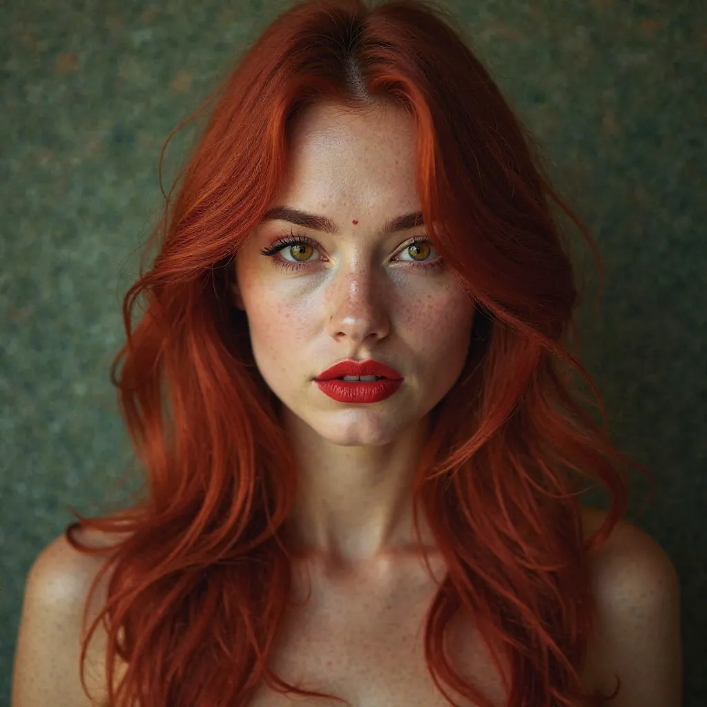  young woman (Person with human traits)( a real feminine person) (25 year old appearance), long crimson green hair, 170 cm tall, well-proportioned and sexy body,  brown eyes, red lips with a mole close to the lip, has a seductive expression and a look capa...