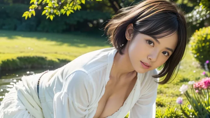 (8k, RAW photo, photorealistic, HQ, masterpiece, Brightly exposed photo), a cute Japanese woman, (glowing eyes), 
(Serious expression), dark brown hair, fluffy Pixie Bob hair, (White T-shirt, denim jacket, maxi skirt),  Blown by the gentle wind, (in A vast...