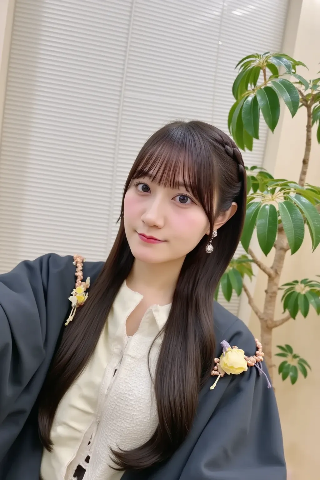 「A woman wearing a graduation gown、and {x} signs a peace sign for the camera with a proud smile。A university campus spreads out in the background、 spring cherry blossoms are blooming 。hopeful portrait of a woman wearing a graduation gown。」

