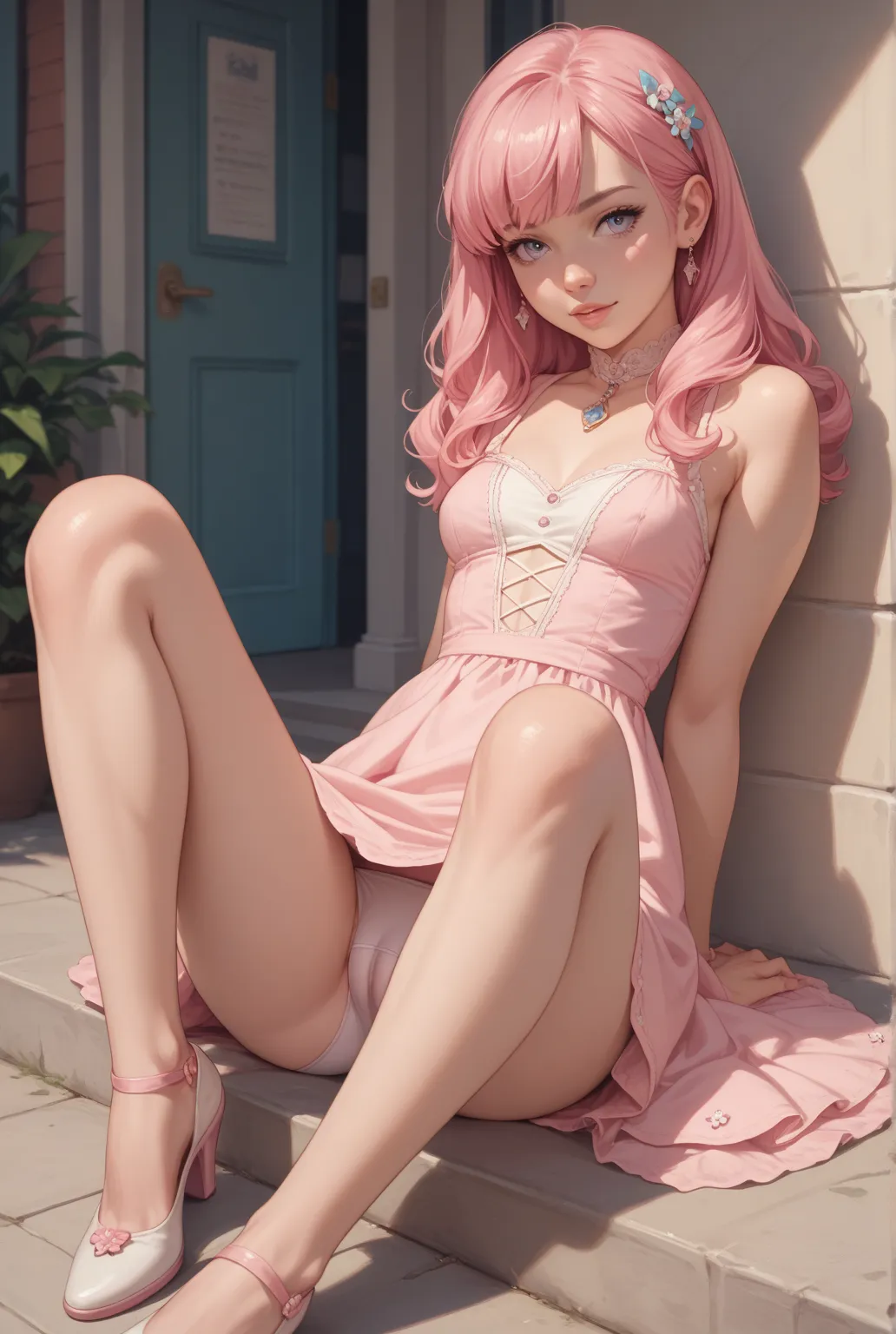  young woman,  sitting,  pastel pink hair,  DRESS, obscenely opening my legs, Teaching the cameltoe