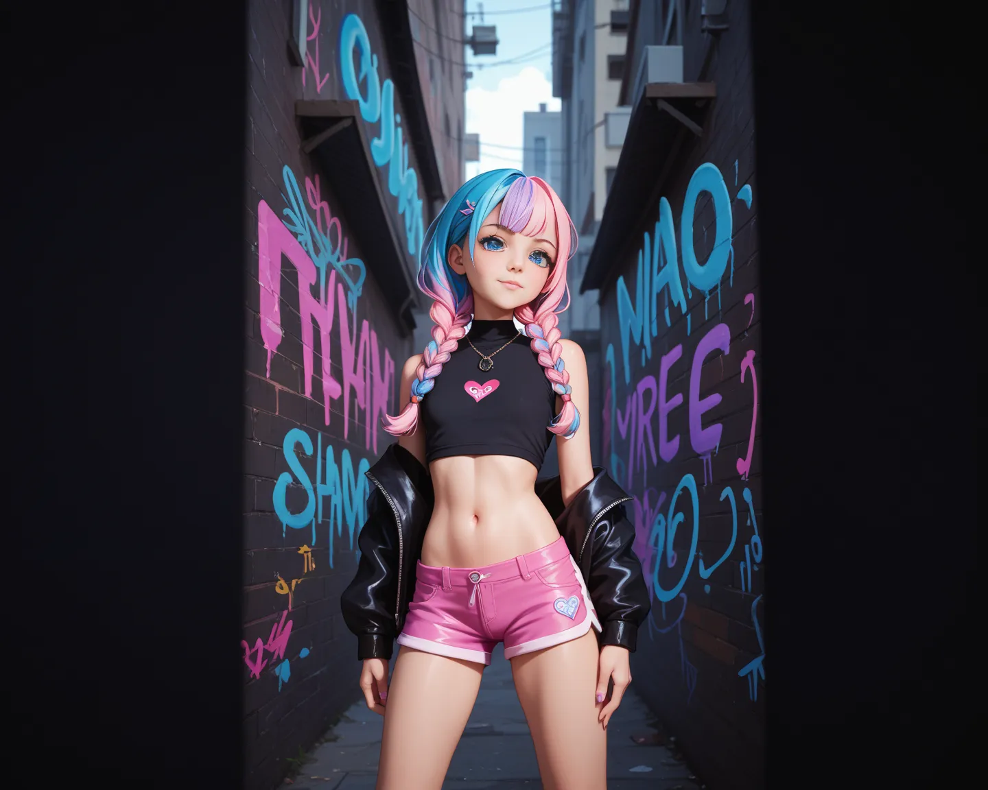 1 loli, braids behind the head,  top preto, pink shorts with purple stripes, with a graffiti wall,  multi-color hair color,  blue eyes