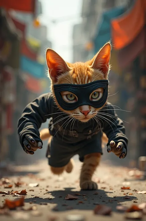 The robber is a short haired golden cat, wear black, wearing a black mask, hands clutching black backpack trying to flee in crowded market