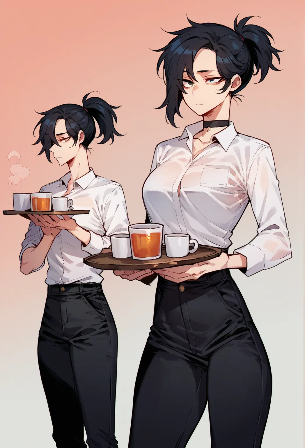 Rating 74, score_9,  score_8_up,  score_7_up, toned, perfect hands,
 expressionless, choker, ponytail,  black hair,  Underexposed Clothes,  White Shirts, black pants,
, I held a tray, Cup,
 One Woman , ((standing figure)), front,  simple background, viewer...