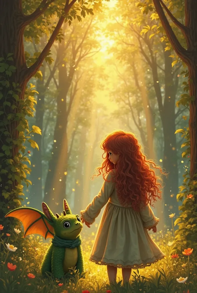 Heidi a young girl with long curly red hair and brown eyes with her friend Fang the green dragon The rays of light of the Eternal Flower, bright and warm, scattered through the trees, like a
A shower of golden stars