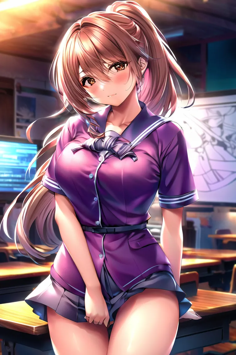 (Highest quality:1.2,  anime artwork ,  anime style,  studio animation , very well detailed,  latest,  vibrant, anime coloring, high contrast,  masterpiece:1.2, Highest quality, Aesthetics at its best),  Beautiful Thighs, brown hair, high ponytail,  perfec...