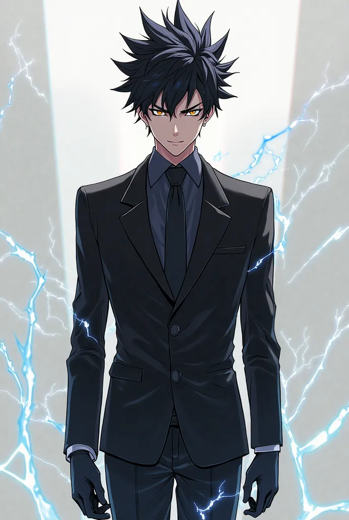 Generate a {{male}} + {{tall}}  +  {{anime}} + {{stickman}} with black gloves and spiky hair with black business man clothes, 2d drawing and electric aura sparks,  and slim, serious.