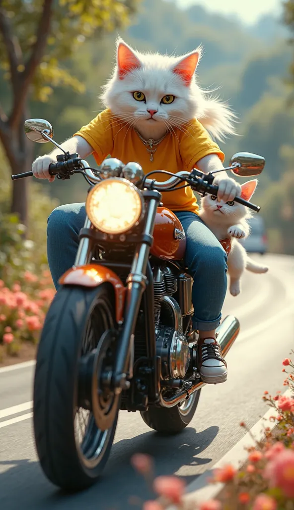 Here’s the revised image prompt with updated outfits for the mother cat and kitten:

---

**Revised HDR-Quality Image Prompt:**

A sleek black motorcycle zooms down a winding road, its polished surface gleaming under the bright sunlight. A white anthropomo...