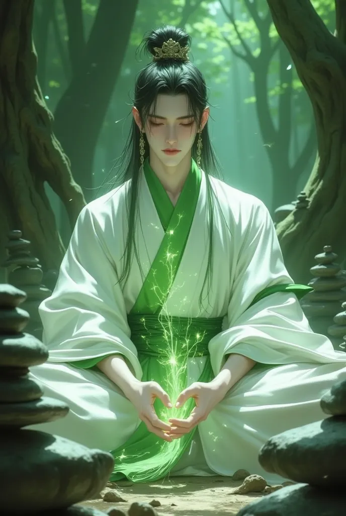 Create an ultra detailed adult male cultivator wearing white traditional chinese clothing with green accents, who is cultivating criss cross applesauce with green aura strands coming off of him with his eyes closed in the middle of a forest with stacked ro...