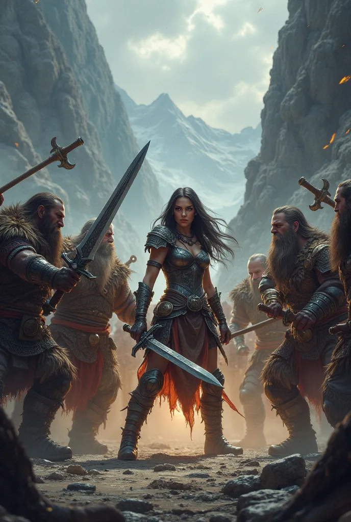 A female hero fighting with dwarves for the sword