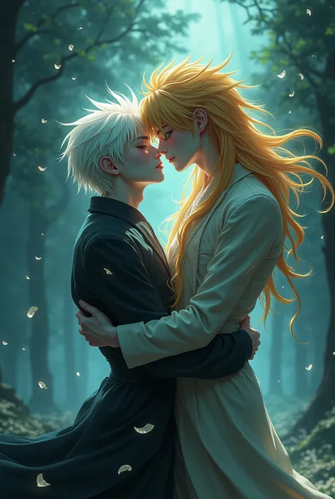 Two boys kissing passionately in Demon Slayer anime style, one is albino and the other has blonde hair and aqua eyes 