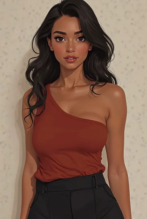 create a woman with dark hair and black eyes and has a warm/morena skin tone who has a oval face shape and has a assymetrical face and uneven eyes and has a sloped/rounded shoulder and has an uneven eyebrows wearing Rust Red Top + Black Pants make it a ful...