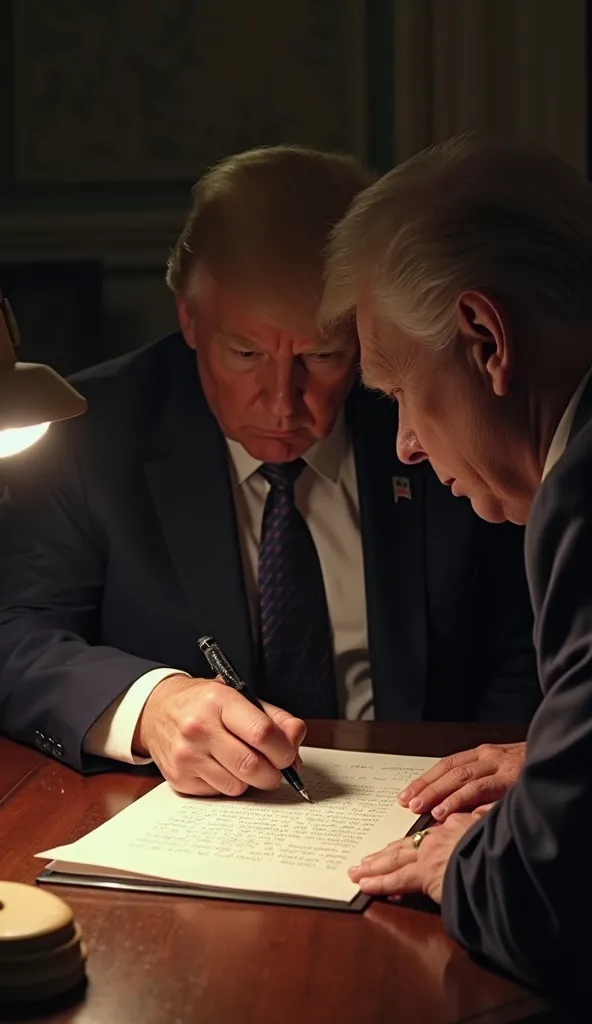 A tense 4K shot of Zelensky signing a document under dim lighting. Trump watches closely, his face half-lit by a desk lamp. The paper glows faintly, with terms like “mineral rights” and “security guarantees” visible. Shadows loom large on the walls, symbol...