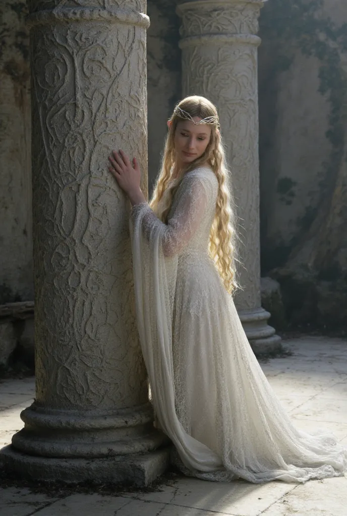 galadriel nude kneeling on the floor huging a column