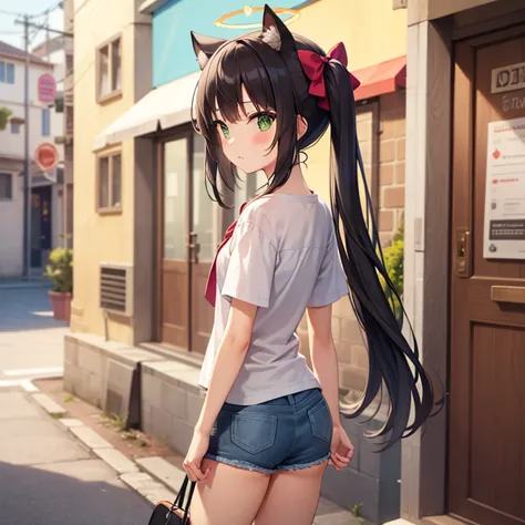 1girl, solo, (masterpiece, best quality), outdoors, street, shun, green eyes, black hair, bangs, twintails, hair bow, hair ornament, animal ears, halo, flat chest, denim shorts, shorts rolled up, white shirt, wide sleeves, from behind