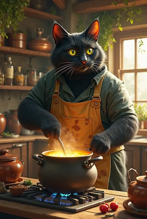 A hulking, anthropomorphic black cat with green eyes a kind expression and a meticulous demeanor, honey. He stands in a rustic kitchen with worn wooden counters, aged copper pots, and bundles of dried herbs hanging from the ceiling. Basil wears a patched a...