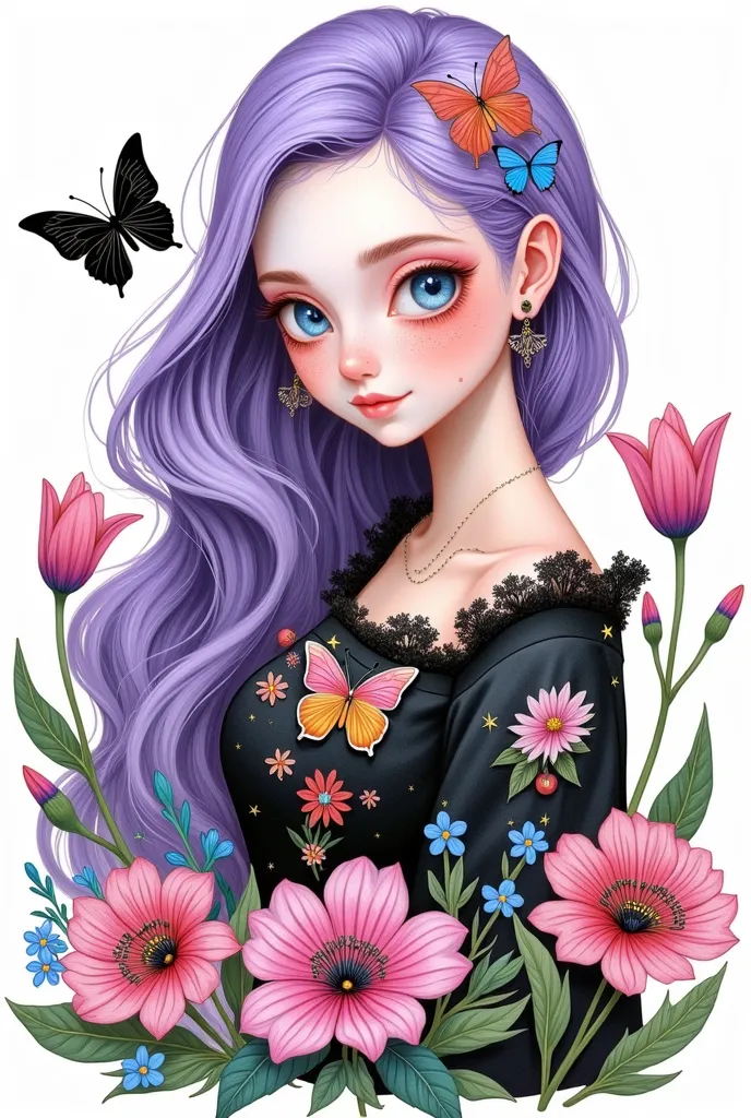 Create STICKER IN FULL BODY PORTRAIT with a completely IN WHITE BACKGROUND, in 4K quality, line art, high detail . Drawing delicate lines , sketch, romantic, cool colors, beautiful detailed eyes, beautiful detailed lips, extremely detailed eyes and face, l...