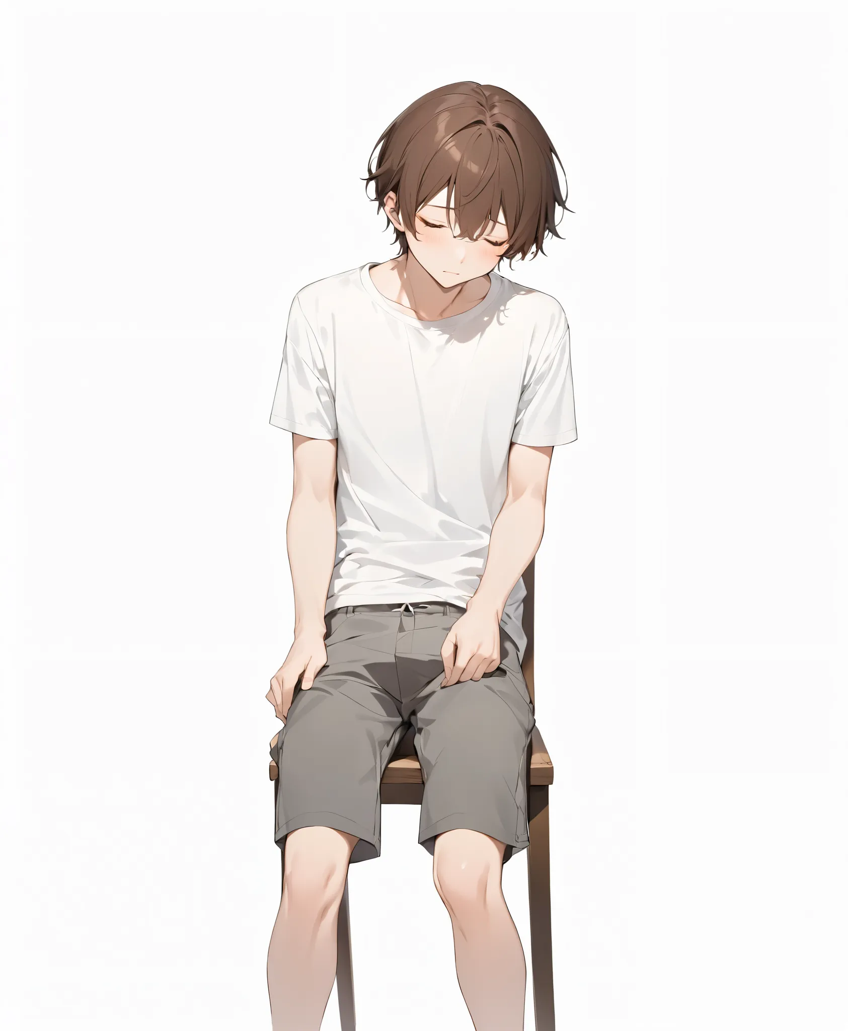  brown hair medium、white t-shirt、grey shorts、Sit on a wooden chair 、、frontal angle、boy、、close eyes、