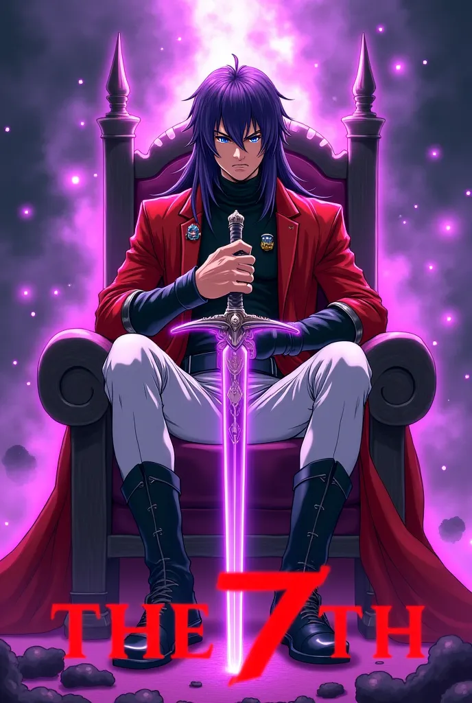 Generate me an anime picture with an anime character with long dark violet hair in turtle neck military jacket, angry face, with white pants and dark boots. He is sitting in the ominous-looking throne. He holds a Damascus sword in his hand. Put some purple...