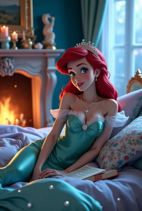  A highly detailed, fantasy-inspired 4K illustration of a reinterpretation of Ariel, The Little Mermaid, now with legs instead of a mermaid tail. She is lying on a luxurious bed, wearing a soft satin nightgown adorned with delicate lace and sheer sleeves t...