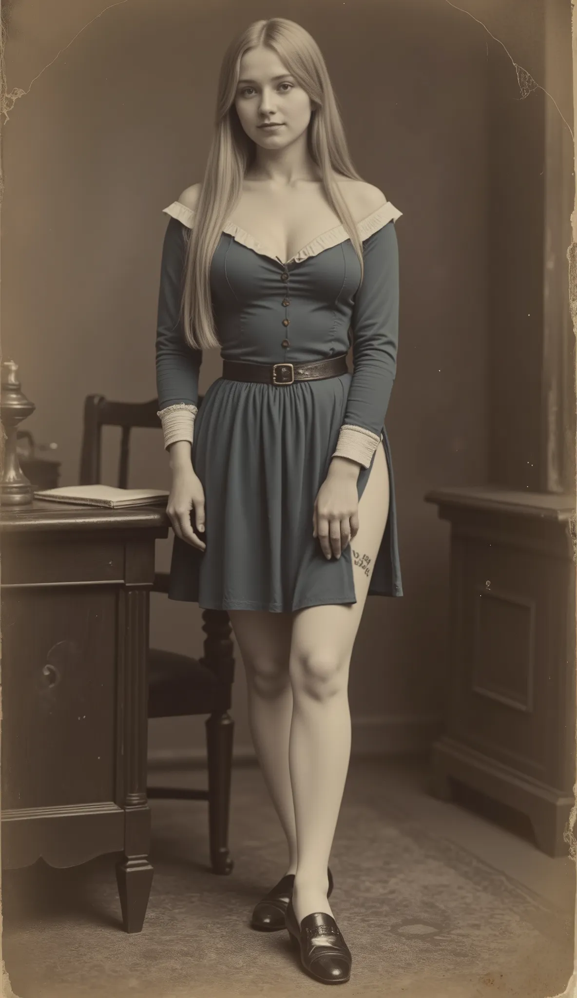 (NSFW),
(old photo from the 19th century),
vintage photo,
sepia-toned photo,
weathered photo,
antique photo,

The company secretary with long blonde hair is still young but a very lewd beauty,
her job is to provide sexual services in the company president'...