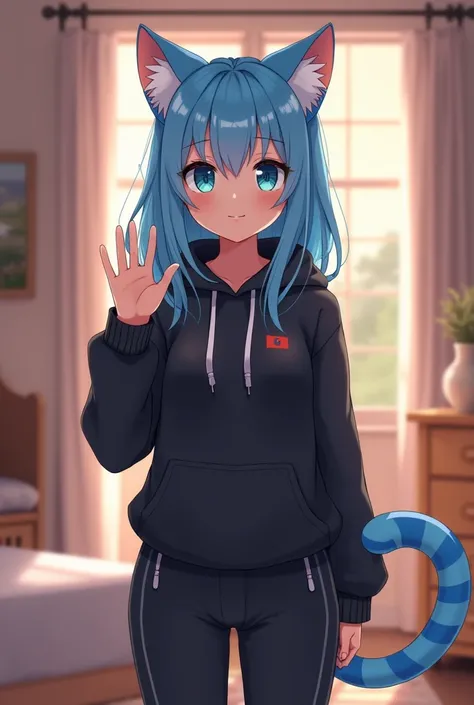 R-mk, by r-mk, 1girl, solo, highest quality, absurd amount of detail, detailed shading, bedroom, (white skin), (white fur), sky blue hair, long hair, dense hair, cat ears, big cat ears, blue ears, ((blue cat tail)), long tail, bigger medium breast 1.15, (s...