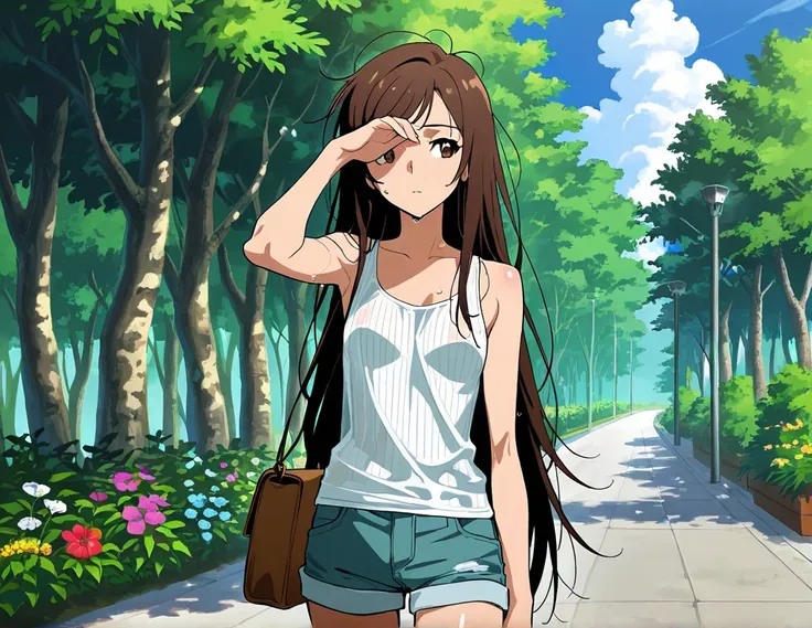 masterpiece, best quality, amazing quality, close up, upper body, ribbed white tank top, jean shorts, baggy socks, sneakers, hand above eyes, very long hair, messy hair, brown hair, hair with teal highlights, brown eyes, swept bangs, small breasts, toned a...