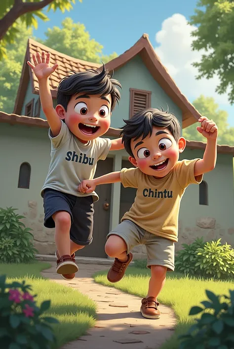 Draw a 20 year boy whose name is Shibu written on his shirt playing with  boy whose name is chintu written on his shirt
