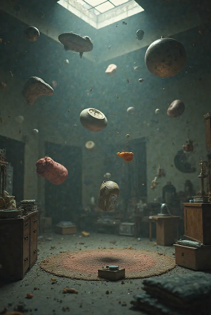 A room where objects fly in the air.  I want it to look very real it can be a little darker 