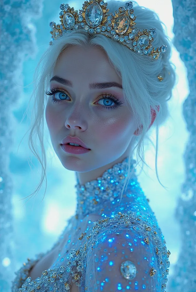 Beautiful Real Looking Woman a Queen Android of the Ice Castle,  Ghotic make up,  beautiful Crystal blue eyes With Golden eye shadow Round her Stuning eyes and long Vibrant Blue Eyelashes,  ,  blue perfect arched Eyebrows, Vibrant Blue Kissable Lips, Stuni...