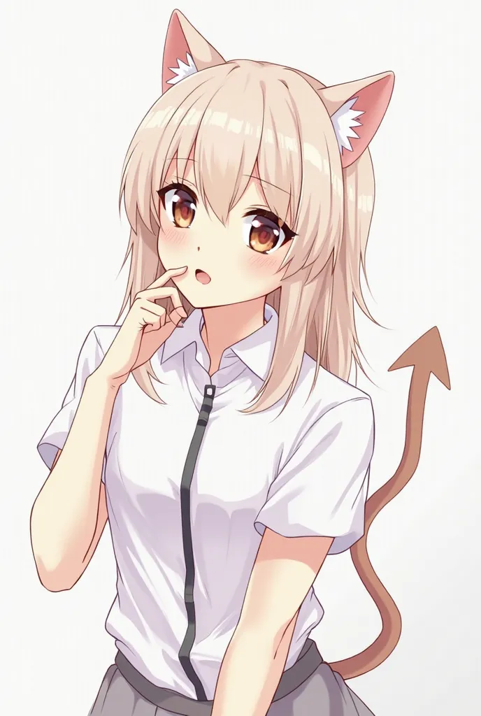 anime girl with a devil tail and a white shirt, an anime drawing by Shitao, pixiv, shin hanga, neferpitou, gapmoe yandere, kantai collection style, nyaruko-san, white cat girl, 2 b, 2b, attractive cat girl, anime catgirl, seductive anime girl, demon anime ...