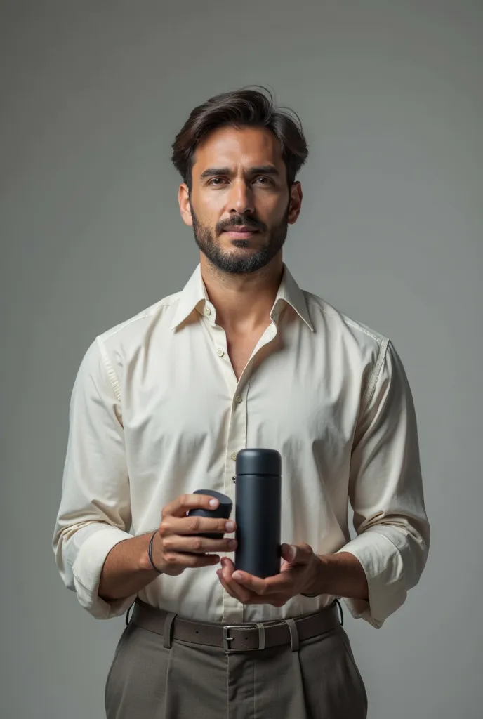 a male expert wears a blouse and hold a product and show it to the screen 
