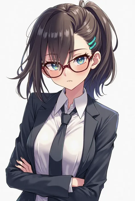 An anime-style illustration of a young intellectual female student with a confident and challenging expression. She wears stylish glasses, has sharp, determined eyes, and a slight smirk that conveys intelligence and defiance. Her hair is neatly styled but ...