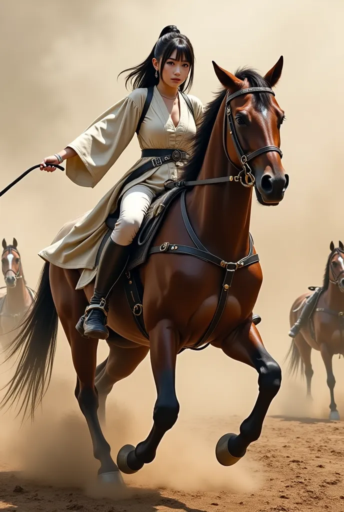  Whip ,The horse on which the woman rides falls,White sweat on the horse's body,the woman turns back and urges the horse's back leg with a short whip,hit,Blood,The horse backs up ,Sandstorm,Horses that idols ride raise their front legs high and lose their ...