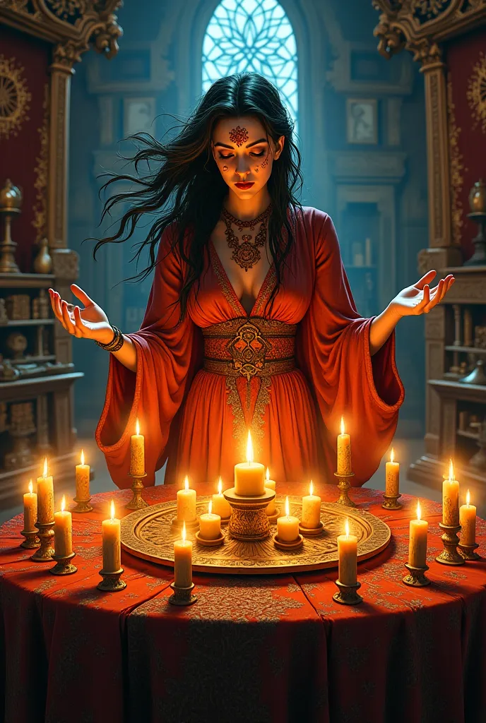 GYPSY SORCERESS WITH CANDLES ON HER ALTAR 