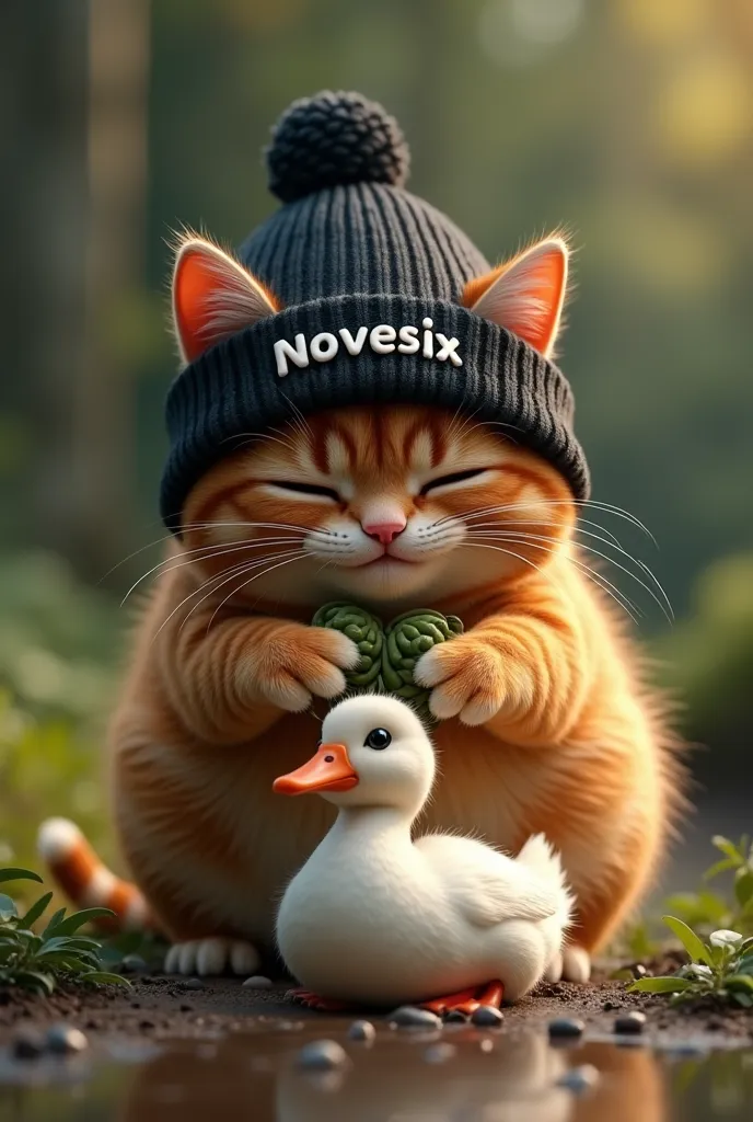 Cute fat orange cat wearing a black knitted hat with NOVESIX written on it ,is destroying Stealing a duck,ultra realistic,ultra graphic,very detailed,4k 