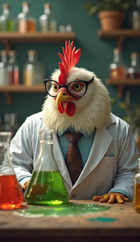 Create a realistic picture of a MATURE CHICKEN and a MATURE Owl WEARING PROFESSOR CLOTHING AND GLASSES ARE IN THE LABORATORY IN A TREE HOUSE. In the background there are several bottles filled with colorful liquids and there is a spill of green liquid on t...