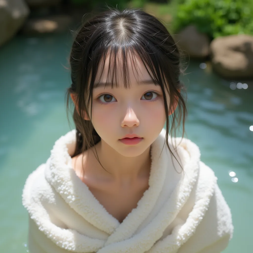 cuteloli,loli,hyper realistic,HD,best quality,(14-years-old),(bath towel),looking at viewer,depth of field,full_body_shot,from_above,close shot,openair hot springs